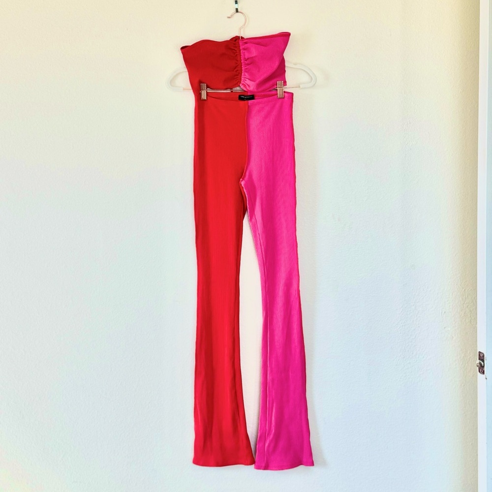 Naked Wardrobe Set Outfit Red Pink Crop Top Flare Leggings Colorblock Tall S - Picture 3 of 10